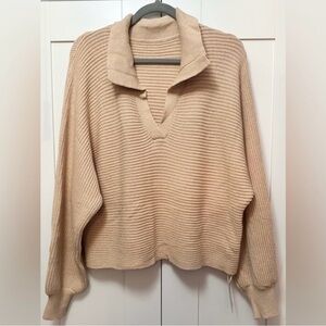 Tan Women's Sweater V Neck With Flip Collar Sz MED NEW!